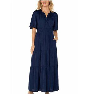 Liverpool Los Angeles Navy Blue Sateen V-Neck Short Sleeve Maxi Dress XL NWT